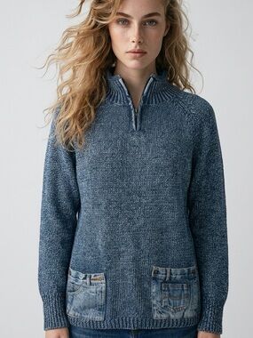 Vintage 90s PBJ Blues Quarter Zip Knit Sweater Denim Pockets Patches Faded Blue